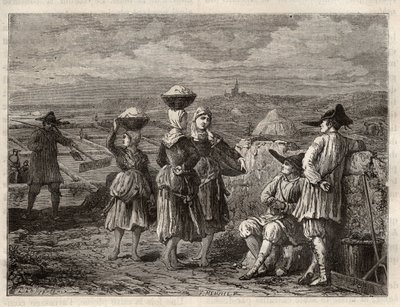 Saltavdunstningsdamm i Bretagne - Paludiers och sauniers i Bretagne (Frankrike), saltmarker - gravyr i 