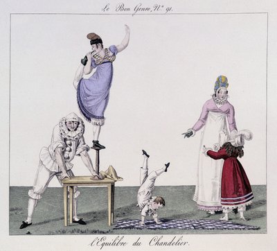 Saltimbanks: Balans av ljusstaken - i "" Den goda genren", deb. 1800-talet av Unknown artist