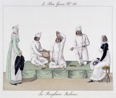 Saltimbanks: Indiska jonglörer, knivsväljning - i "" The Good Kind", deb. 1800-talet av Unknown artist