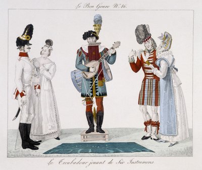 Saltimbanks: Trubaduren spelar sex instrument - i "" Le bon genre"", deb. 1800-talet av Unknown artist