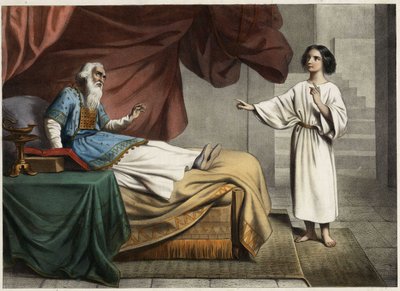 Samuel, som hör Herrens röst ropa på honom mitt i natten, tror att detta är hans mentor översteprästen Eli (Heli). Anonym gravyr från mitten av 1800-talet. av Unknown artist