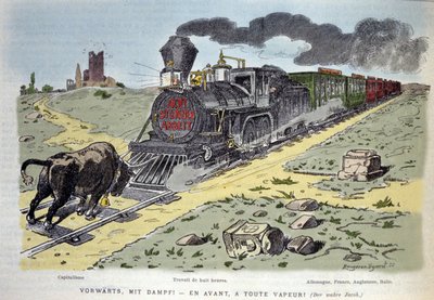 Satirisk allegorisk vinjett: kapitalismens tjursymbol försöker stoppa arbetsreformens tåg. Varje vagn är designad för ett land: Tyskland, Frankrike, England, Italien 1897 av Unknown artist