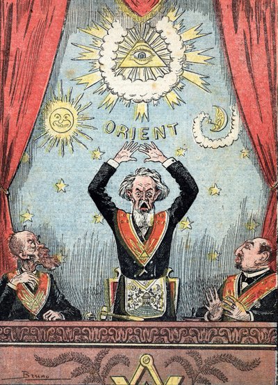 Satirisk framställning av en frimurarloge, stormästaren omgiven av frimurarsymboler rör sig ursinnigt i sin loge) Karikatyr från "Le pelerin" 23/06/1912 Collection privee av Unknown Artist