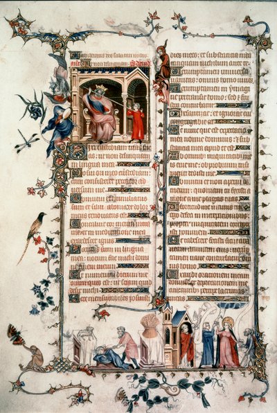 Saul hotar David, Kain dödar Abel, Allegorier om eukaristin och välgörenhet. Breviary of Belleville. 1323-1326. Ms. Lat. 10483 fol.24v. - Jean Maid. Belleville Breviary av Unknown artist