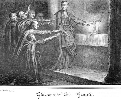 Scen som visar jesviter som avlägger ed. Gravyr från slutet av 1800-talet. av Unknown artist