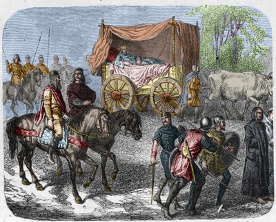 Scen som föreställer de lata kungarna: Kungen av Frankrike Thierry III (673-691) bär i en tank med en säng dragen av oxar. av Unknown artist