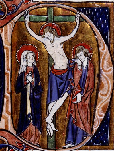 Scen för korsfästelse i ett brevhuvud (bokstav D). Minityr i "" Speculum historiale"" av Vincent De Beauvais (1100-talet) av Unknown artist