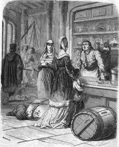 Scen i vardagen, butik på 1400-talet. av Unknown artist