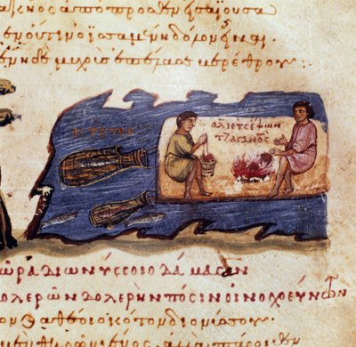Scen för nattfiske Miniatyr från jakten "" The Cynegetics"" av Oppian (Oppian eller Oppianus) från Syrien (3:e århundradet efter JC) tillägnad Caracalla - 1000-talet - Venedig, Biblioteca Marciana av Unknown artist