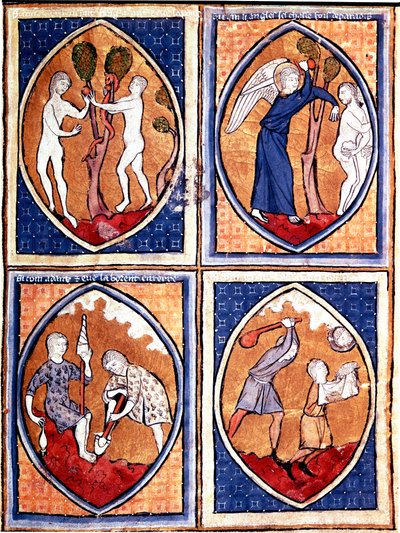 Scener från Bibeln avbildade i mandorles. Upp Adam och Eva plockar den förbjudna frukten och jagar sedan från himlen. Där nere arbetar Adam jorden och Eva ger ullen, Kain och Abel. Miniatyr från ett 1200-talsmanuskript. Porto, kommunala biblioteket av Unknown artist