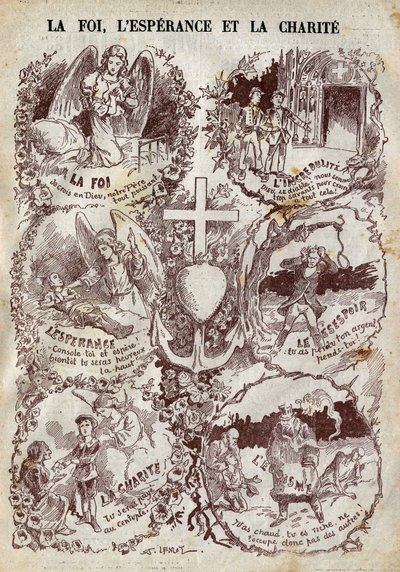 Scener som illustrerar tro, hopp, kärlek och deras motsats, inkredulit, desperation och egoism. Illustration i "" Le Pelerin"" den 27 mars av Unknown artist