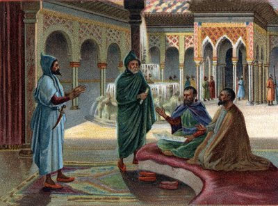 Scener av försvunna kungadömen: Moriska rådet (moriska, namn ges till araber som ockuperade en del av Spanien) i Alhambra-palatset i Granada. Granada är den sista moriska staten, färdig 1482. Kromolitografi från 1800-talet. av Unknown artist