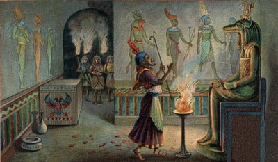 Scener of Missing Kingdoms: Begravningsceremonier i egyptiska mausoleer. Den återvunne farao, som i sin egenskap av tillbedjans överstepräst var ansvarig för offren för att hedra sina föregångare, är specifikt upptagen som officer inför guden av Unknown artist