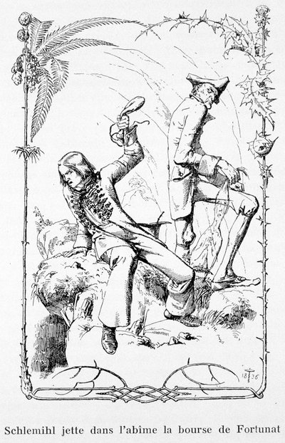 Schlemihl kastar Fortunats handväska i avgrunden - i "Den underbara historien om Pierre Schlemihl" av Aldebert Von Chamisso av Unknown artist