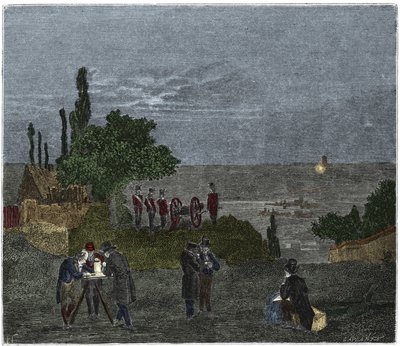 Vetenskapligt experiment: beräkningen av ljudets hastighet, av Humboldt, Louis-Joseph Gay-Lussac (Louis Joseph Gay Lussac), Bouvard, Prony och Mathieu, som bestämmer tiden mellan uppfattningen av ljus och det av ett pistolskott, på natten av Unknown artist