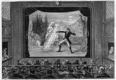 Vetenskapliga visar: levande spektra. Upplev spektra på teaterscenen. En komiker slåss mot ett spöke. Gravyr i "" La Nature"" av Unknown artist