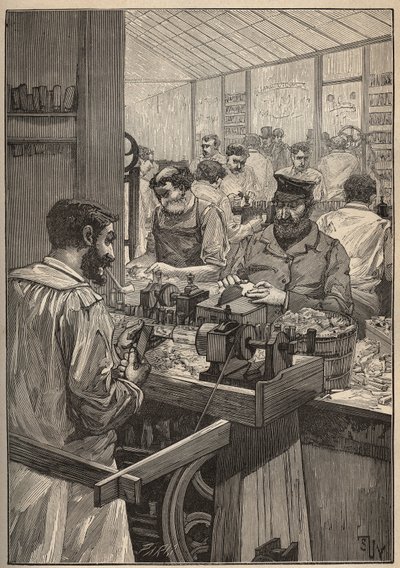 Sea Sequim: tillverkning av havssequimpipor. Gravyr från 1885 i "" Les arts et metiers illustres"" av Adolphe BITARD. av Unknown artist