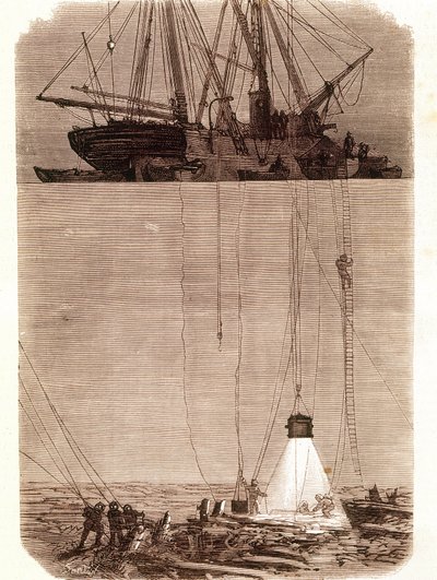 Sök efter spanska galjoner skeppsbrutna i Vigo Bay 1702. Sidan hämtad från "" Emporio Picturesco"" 1871 av Unknown artist