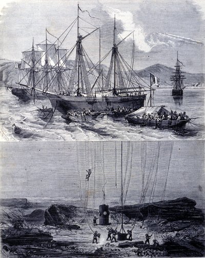 Sök efter spanska galjoners skeppsvrak i Vigo Bay 1702. 1800-talet av Unknown artist
