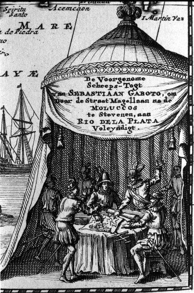 Sebastiano Caboto (Sebastien Cabot) representerar på patronen av en navigeringskarta med andra navigatörer. Början av 1600-talet. av Unknown artist
