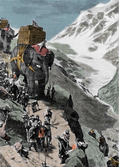 Andra puniska kriget. Hannibal Barcas armé som korsar Alperna, 218 f.Kr. Italiensk gravyr från 1800-talet. av Unknown artist