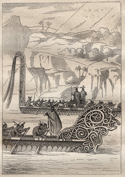 Andra resan (1772-1775) av kapten James Cook (1728-1779): Neo-Zelandans krigskanoter (Neo Zelandaises) - illustration hämtad från "" The Great Mariners of the 18th century"" av Unknown artist