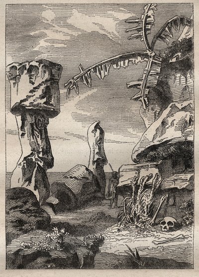 Andra resan (1772-1775) av kapten James Cook (1728-1779): monument på Påskön (monumentalstatyer, moai) - illustration hämtad från "" The Great Mariners of the 18th century"" av Unknown artist