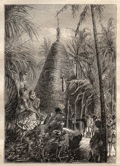 Andra resan (1772-1775) av kapten James Cook (1728-1779): traditionellt cirkulärt hus, på taket av en betydande höjd (Nya Kaledonien) - illustration hämtad från "The Great Mariners of the 18th century"" av Unknown artist