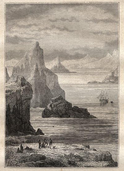 Andra resan (1772-1775) av kapten James Cook (1728-1779): utsikt över Noel-kanalen, Terre de Fuego - illustration tagen från "The Great Mariners of the 18th century"" av Unknown artist