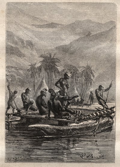 Andra resan (1772-1775) av kapten James Cook (1728-1779): de infödda hade tillräckligt med självförtroende för att närma sig och utbyta (Nya Kaledonien) - illustration hämtad från "The Great Mariners of the 18th century" av Unknown artist