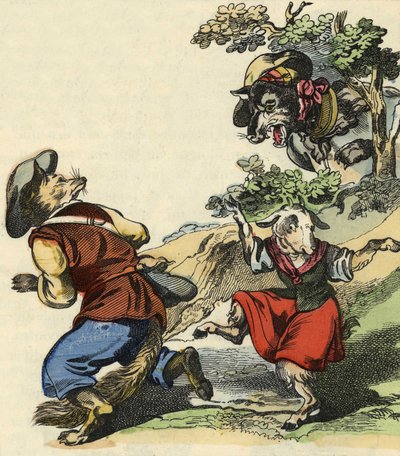 När Mäster Fox såg vargen flydde han och lämnade Lilla Chevrette i fara. Illustration av berättelsen "Bon medor och lilla Chevrette". I "" Sagor från hemmet för de minsta"". Anonym gravyr från 1800-talet. av Unknown artist