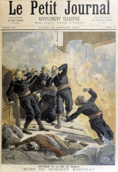 Sergeant Bauchat dog under brandmän efter explosionen av rue de Reuilly. Illustration av "Little Journal" från 1894. av Unknown artist