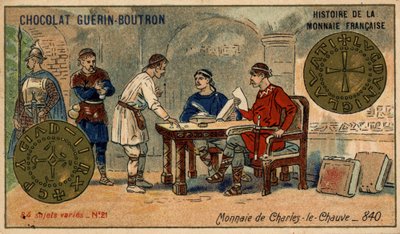 Serien History of the French Currency publicerad av Chocolat Guérin Boutron. 1800-talets kromolitografi. Mynt av Karl den skallige år 840 av Unknown artist