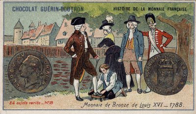 Serien History of the French Currency publicerad av Chocolat Guérin Boutron. 1800-talets kromolitografi. Bronsmynt av Ludvig XVI 1788 av Unknown artist