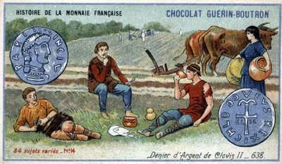 Serien History of the French Currency publicerad av Chocolat Guérin Boutron. 1800-talets kromolitografi. Silverförnekare av Clovis II 638 av Unknown artist