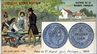 Serien History of the French Currency publicerad av Chocolat Guérin Boutron. 1800-talets kromolitografi. 5 francs silvermynt. Louis Philippe 1:a 1840 av Unknown artist