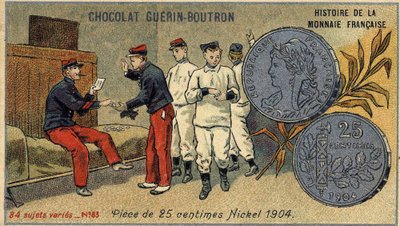 Serien History of the French Currency publicerad av Chocolat Guérin Boutron. 1800-talets kromolitografi. 25 cents mynt. Nickel 1904 av Unknown artist