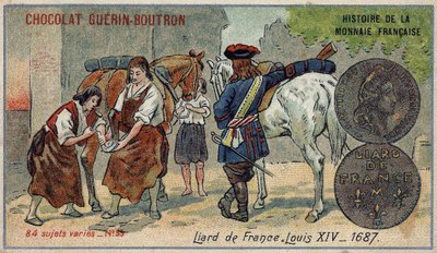 Serien History of the French Currency publicerad av Chocolat Guérin Boutron. 1800-talets kromolitografi. Liard från Frankrike. Ludvig XIV 1687 av Unknown artist