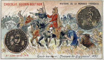 Serien History of the French Currency publicerad av Chocolat Guérin Boutron. 1800-talets kromolitografi. Barbarian Gallien. Sigismond valuta. av Unknown artist