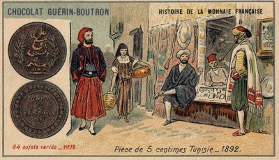 Serien History of the French Currency publicerad av Chocolat Guérin Boutron. 1800-talets kromolitografi. 5 cents mynt i Tunisien 1892. av Unknown artist