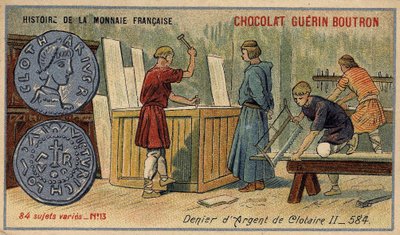 Serien History of the French Currency publicerad av Chocolat Guérin Boutron. 1800-talets kromolitografi. Silver Denier of Clotaire (Clotaire) II år 584 av Unknown artist
