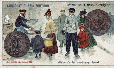 Serien History of the French Currency publicerad av Chocolat Guérin Boutron. 1800-talets kromolitografi. 10 cents mynt 1904 av Unknown artist