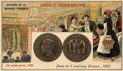 Serien History of the French Currency publicerad av Chocolat Guérin Boutron. 1800-talets kromolitografi. 5 cents bronsmynt 1860. Napoleon III. av Unknown artist