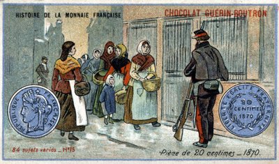 Serien History of the French Currency publicerad av Chocolat Guérin Boutron. 1800-talets kromolitografi. 20 centimes mynt 1870 av Unknown artist