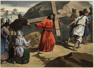 Hon klättrade till Golgata: Jesus som bar sitt kors tröstade Jerusalems döttrar. Anonym gravyr från mitten av 1800-talet. av Unknown artist