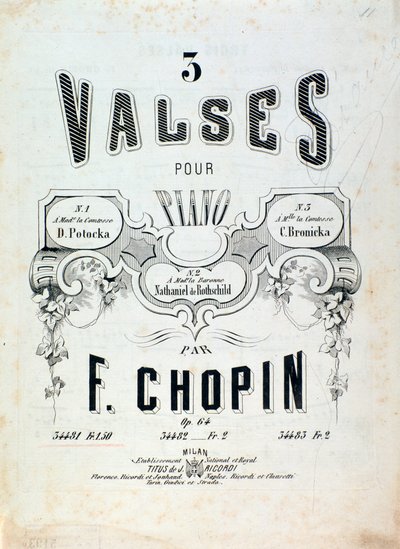 Noter för 3 valser för piano op. 64, av Frederic Chopin (frontispice) av Unknown artist
