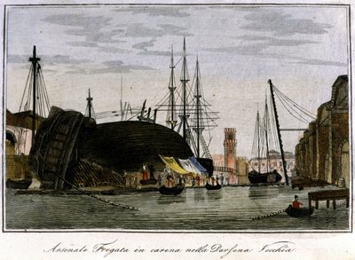 Fartyg sköts ner i skrovet. Venetiansk fregatt vars skrov repareras i arsenalen. Gravyr av 1800-talet. av Unknown artist