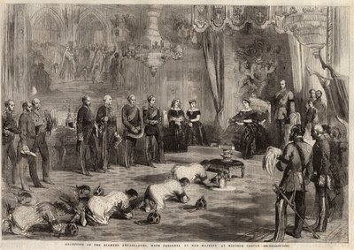 Siams ambassadörer kröp till drottning Victoria Iere (1819-1901) och prins Albert (1819-1861) under deras besök i Windsor Castle. Gravyr i "" The illustrated London News "" av den 5 december 1857. av Unknown artist