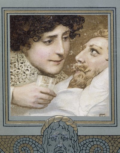 Sjuk man och kvinna som ger honom ett glas vatten - 1800-talet av Unknown artist