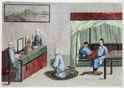 Sjuk man i sängen och bön av munkar - Kina av Unknown artist